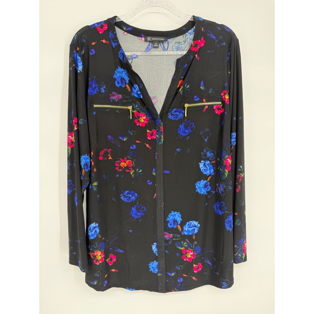 INC International Concepts Womens Sz 2X Black Floral Gold Zip Split Neck Blouse